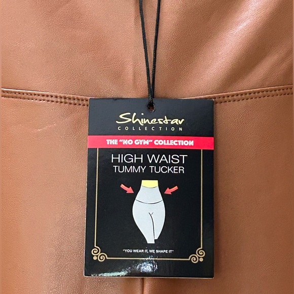 NWT Shinestar Tummy Tucker High Waist Faux Leather Leggings Camel Size L - Picture 7 of 12